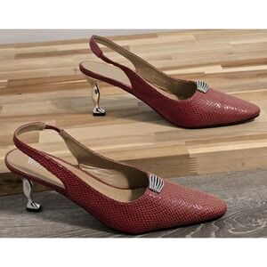Whittall and Shon Leather Sole Red Snakeskin Print Slingback Heels Size 11